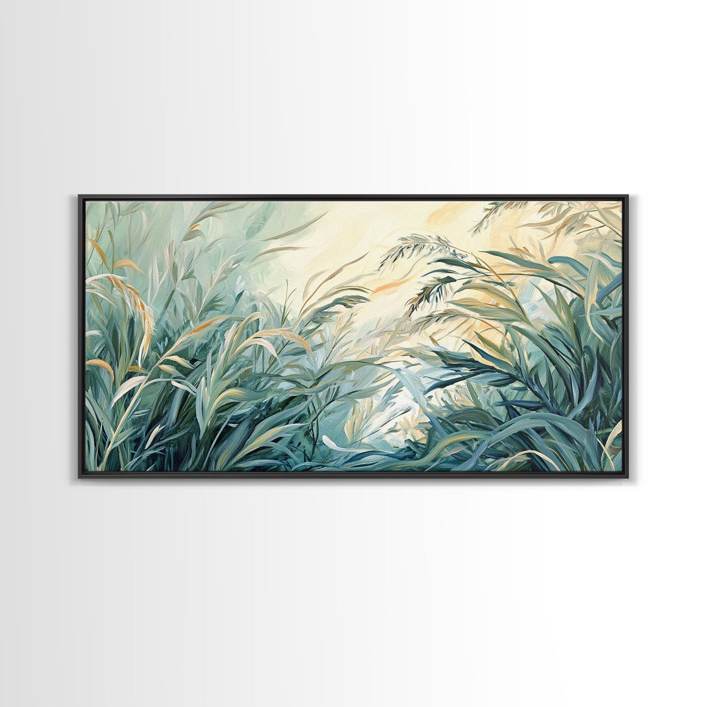 Green grass, warm light, Canvas Print, wabi sabi wall art, sage green wall art, botanical prints, extra wide art, minimalist art