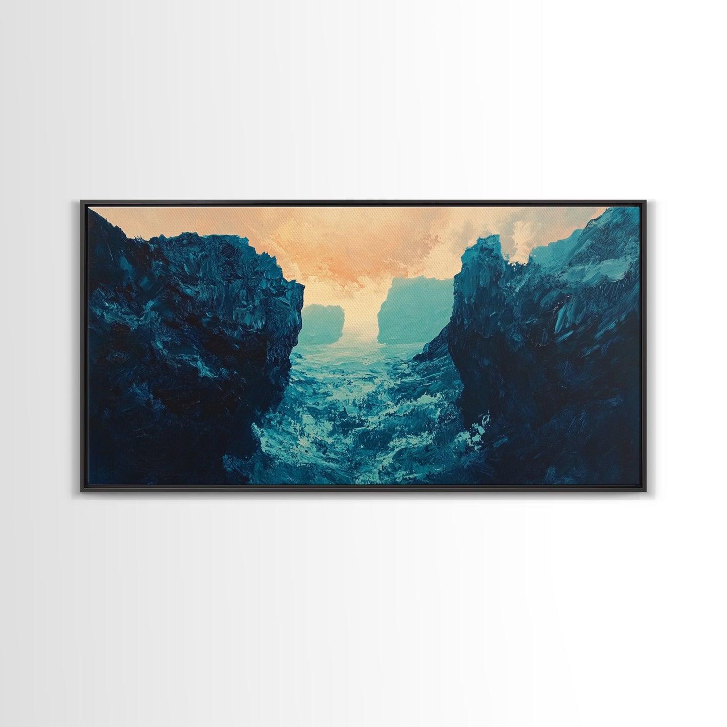 Moody Landscape, dramatic canyon, abstract oil painting, blue and green wall art, panoramic art, Framed Canvas Print, extra wide art