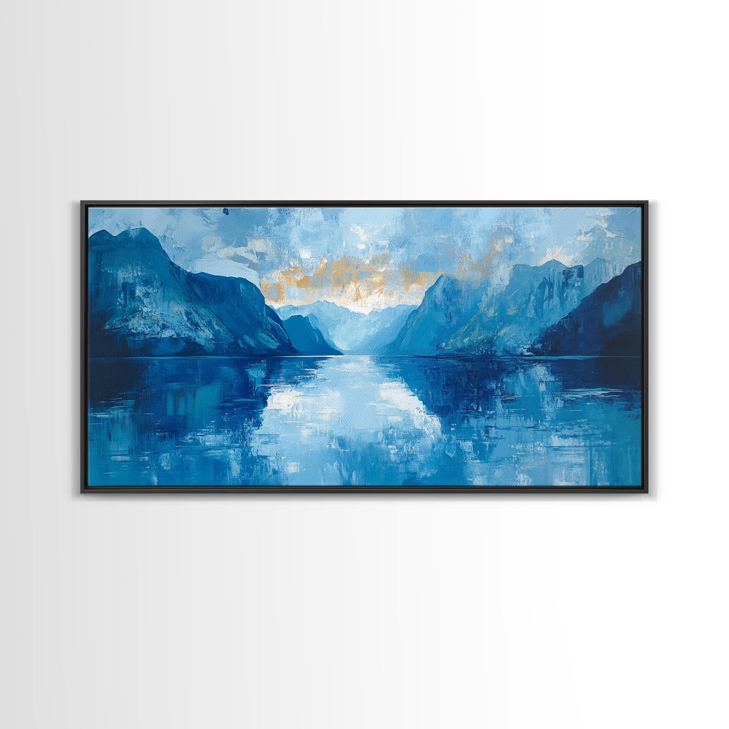 Fjord Painting, Blue and Green Wall Art, Lake Tahoe Art, Nautical Wall Art, Extra Wide Art, Panoramic Painting, Framed Canvas Print