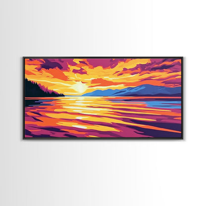 Sunset Glow, Serene Lake Reflection, Mountain Landscape Art, Vibrant Sky Painting, Framed Canvas Print, Office Wall Decor, Modern Home Art