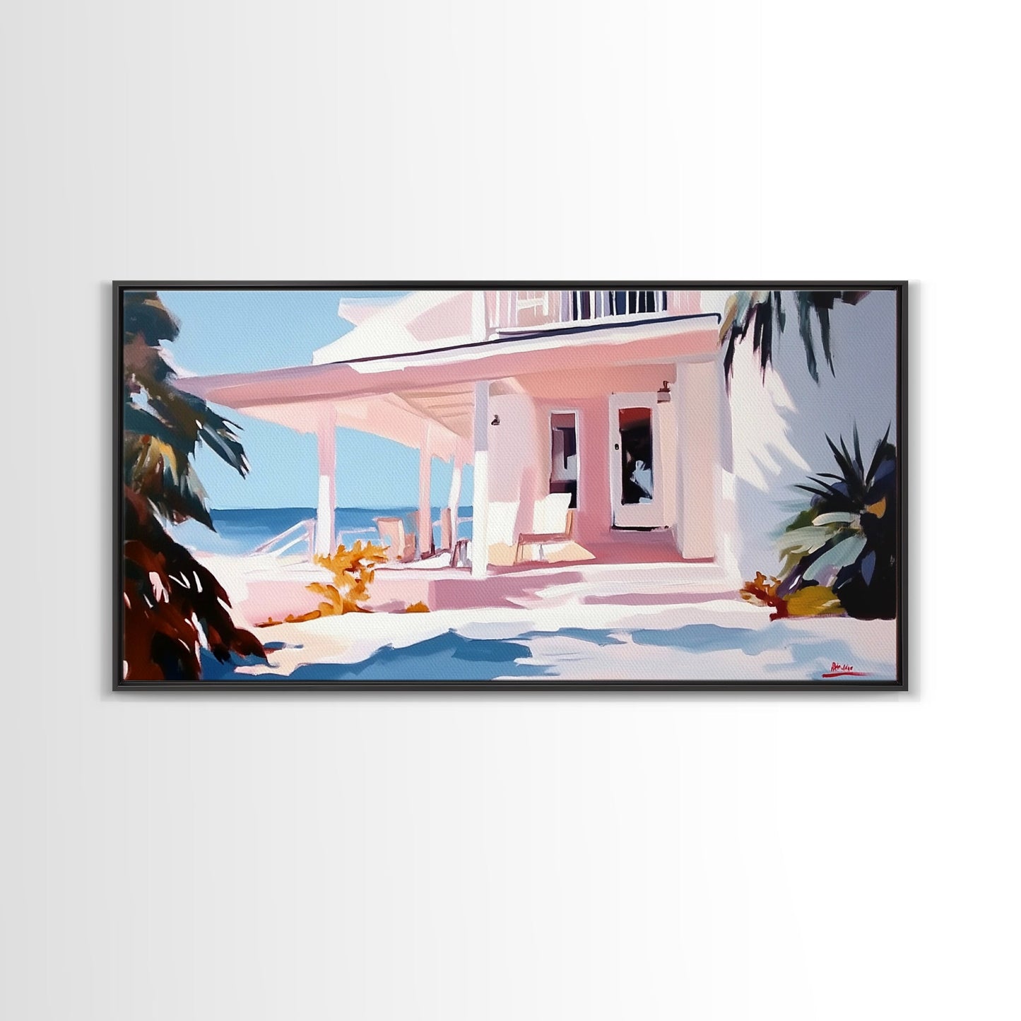 Oceanfront Porch, Coastal Home, Beach House, Seaside Retreat, Summer Vibes, Blue Wall Art, Nautical Style, Modern Decor, Framed Canvas Print