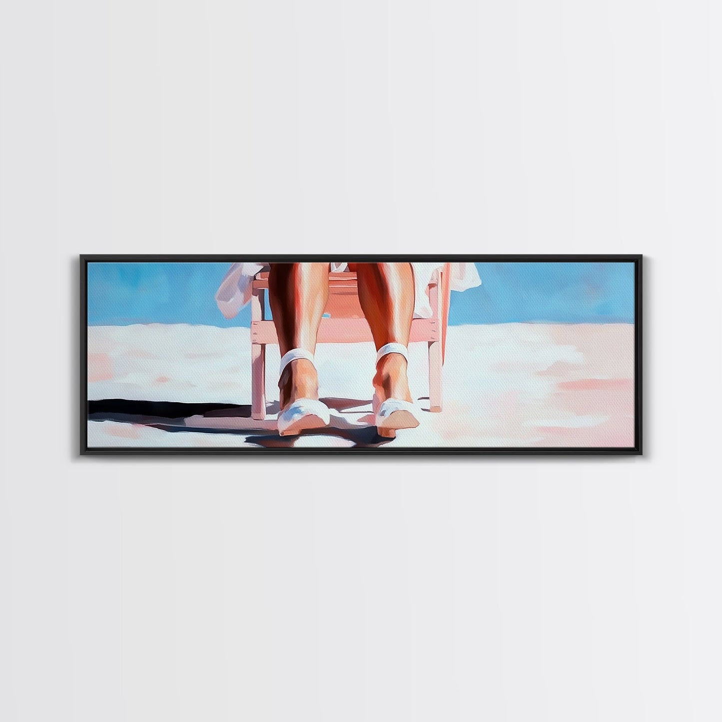 Woman Relaxing, Beach Chair Art, Coastal Summer Scene, Framed Canvas Print, Minimalist Boho Decor, Serene Seaside Home Artwork