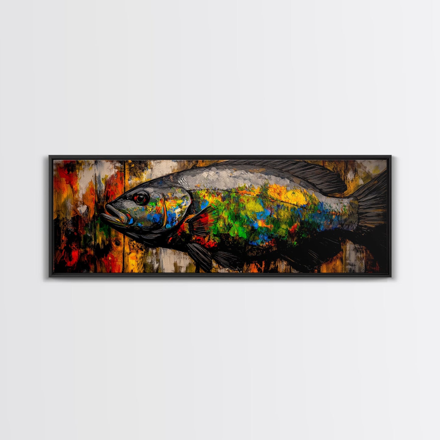 Colorful Fish, Rustic Wood, Vibrant Art, Wildlife Painting, Framed Canvas Print, Nature Wall Art, Fishing Cabin Decor, Unique Gift Idea