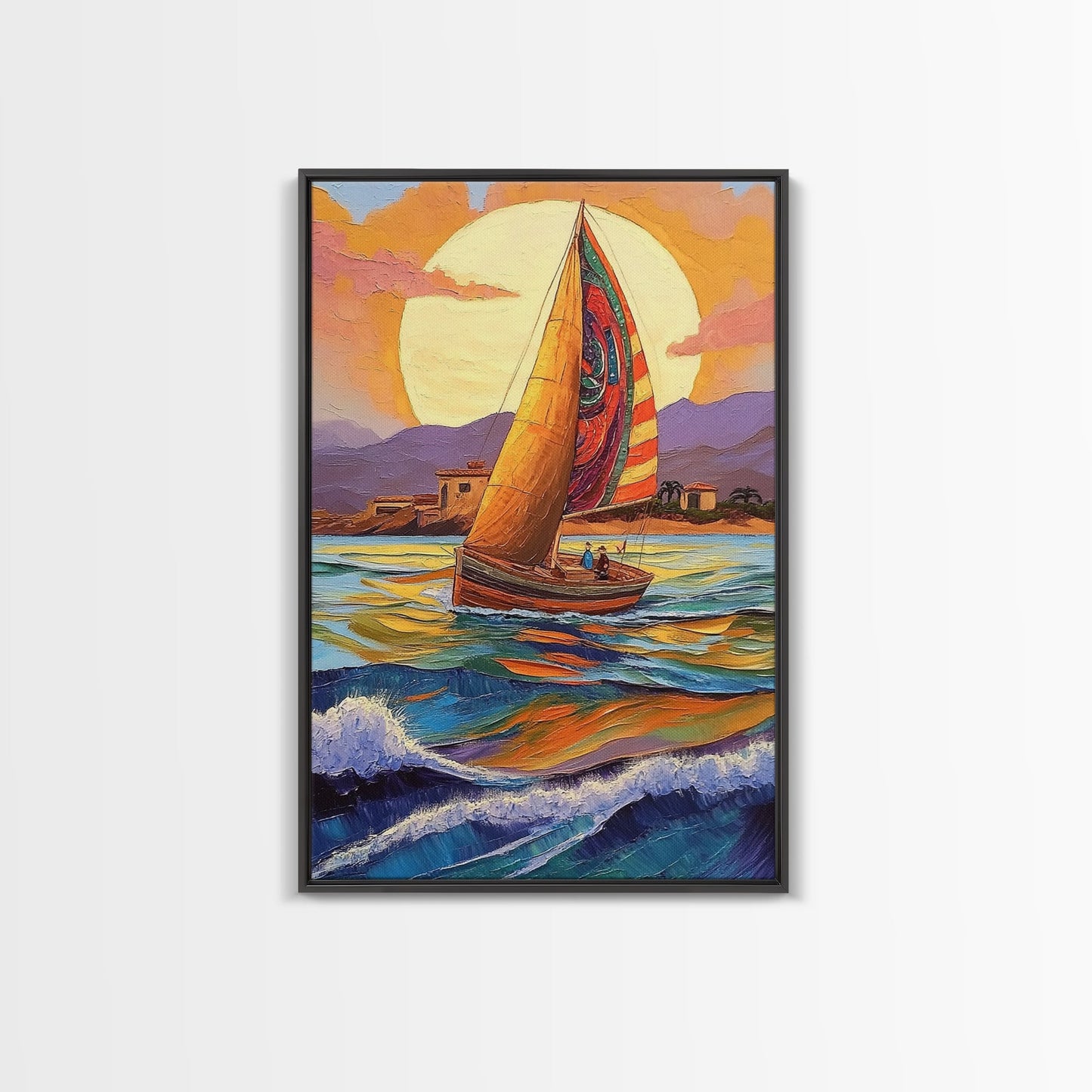 Colorful Sailboat, Coastal Adventure, Sunset Sea, Nautical Art, Living Room Wall Art, Tropical Decor, Framed Canvas Print, Ocean Vibes