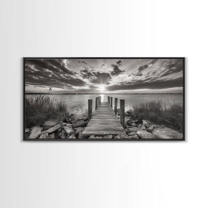 Rustic Dock Sunset, Lakehouse Art, Black White Landscape, Framed Canvas Print, Country Home Decor, Cabin Wall Art, Lakeside Tranquility