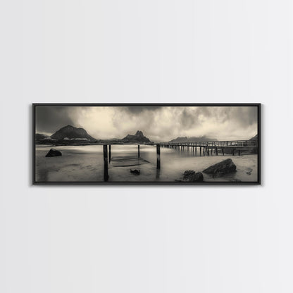 Dockside Calm, Stormy Shore, Ocean Jetty, Framed Canvas Print, Moody Coastal Wall Art, Living Room Art, Rustic Lakehouse Decor