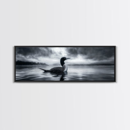 Northern Loon, Water Calm, Moody Wildlife, Canvas Print, Nature Wall Decor, Black and White Animal Art, Lakehouse Wall Art