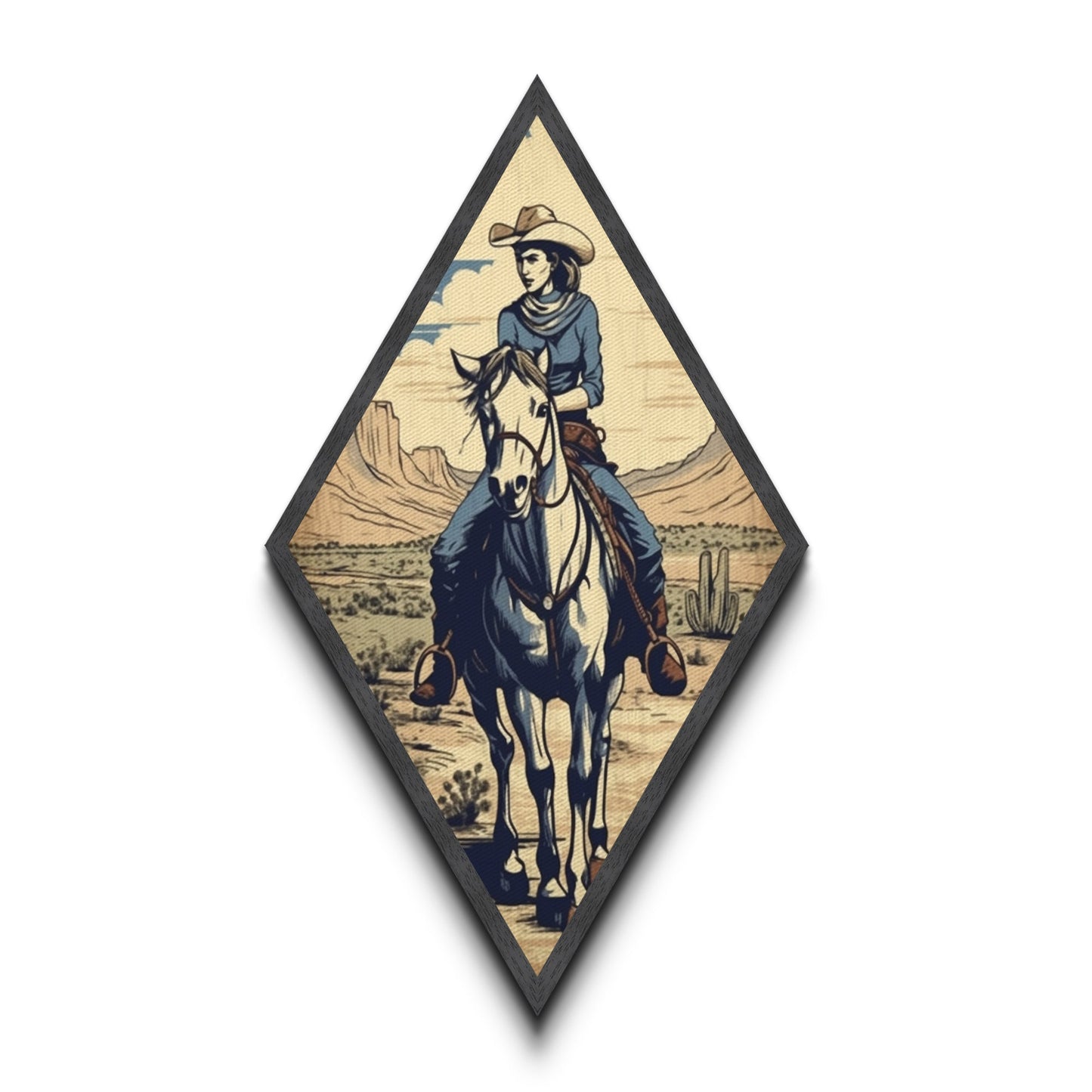 Cactus Cowgirl Ride Diamond Shaped Vintage Western Scene Canvas Textured Print Southwestern Wall Art Country Equestrian Gift