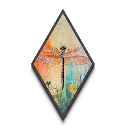 Colorful Dragonfly Closeup Diamond Shaped Canvas Textured Print, Boho Insect Wall Art, Nature Illustration, Bug Lover Gift Idea