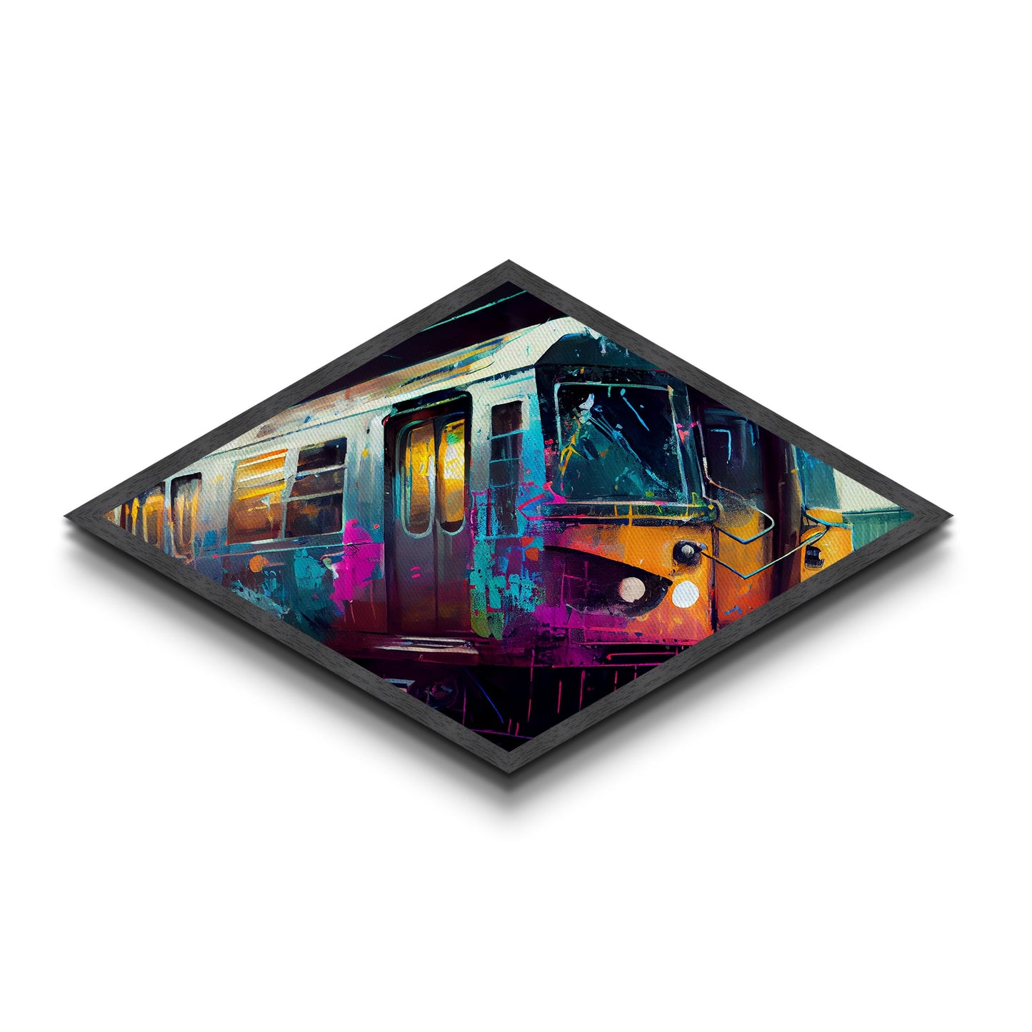 Color Splashed Metro – Diamond Shaped Street Art Subway Canvas Embossed Print, Vibrant Urban Train Graffiti Home Accent