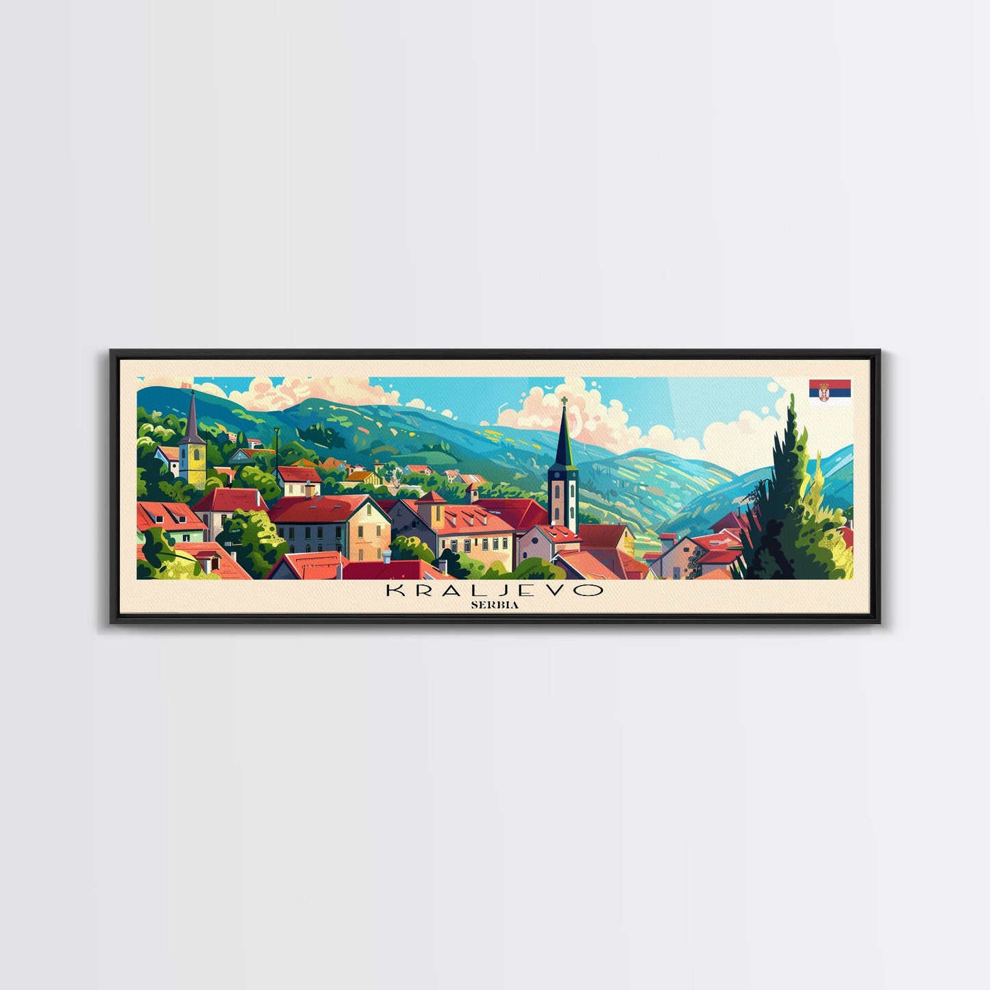 Kraljevo Serbia Panoramic Travel Poster, Framed Canvas Print or Metal Wall Art, Travel Art, Home Decor, Panoramic Painting, Midcentury Art