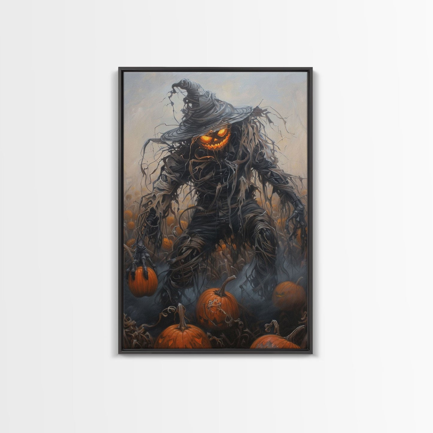 Haunting Scarecrow Holding Pumpkin in Misty Field | Halloween Wall Art | Spooky Home Decor | Creepy Scarecrow Painting | Framed Canvas Print
