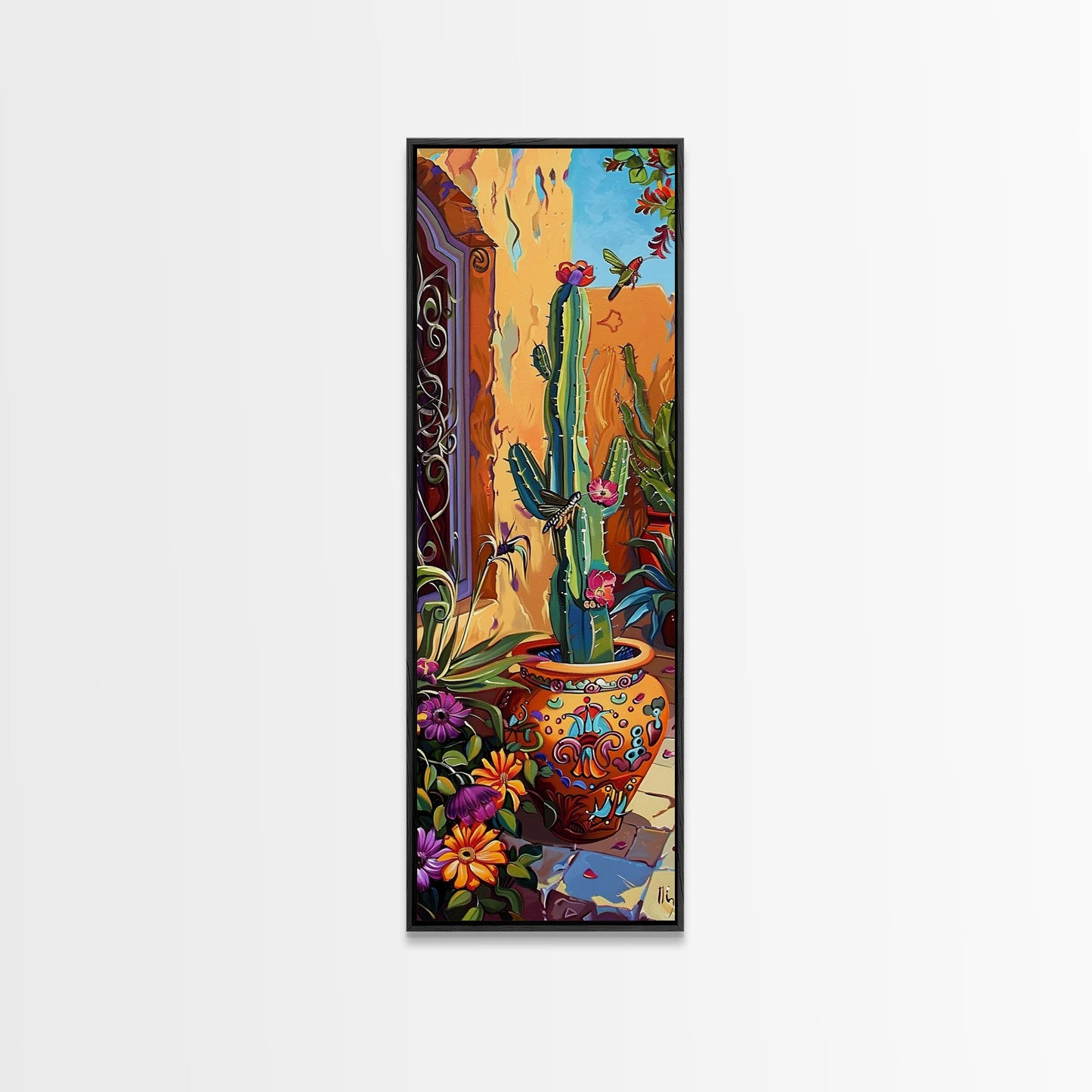 Colorful Canvas Painting of Cactus Framed, Botanical Wall Art Print, Spanish Inspired Canvas Painting, Long and Narrow Living Room Wall Art