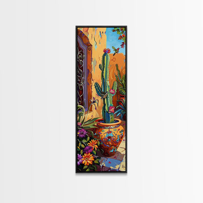 Colorful Canvas Painting of Cactus Framed, Botanical Wall Art Print, Spanish Inspired Canvas Painting, Long and Narrow Living Room Wall Art