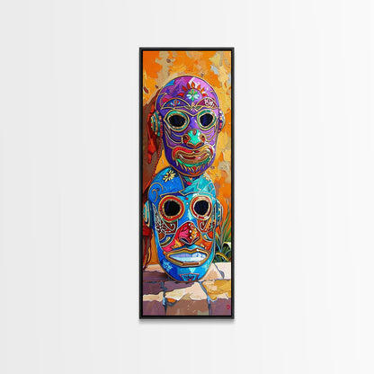 Colorful Tribal Art Painting Framed on Canvas, Spanish Style Canvas Painting, Vertical Framed Art for Living Room, Modern Canvas Art