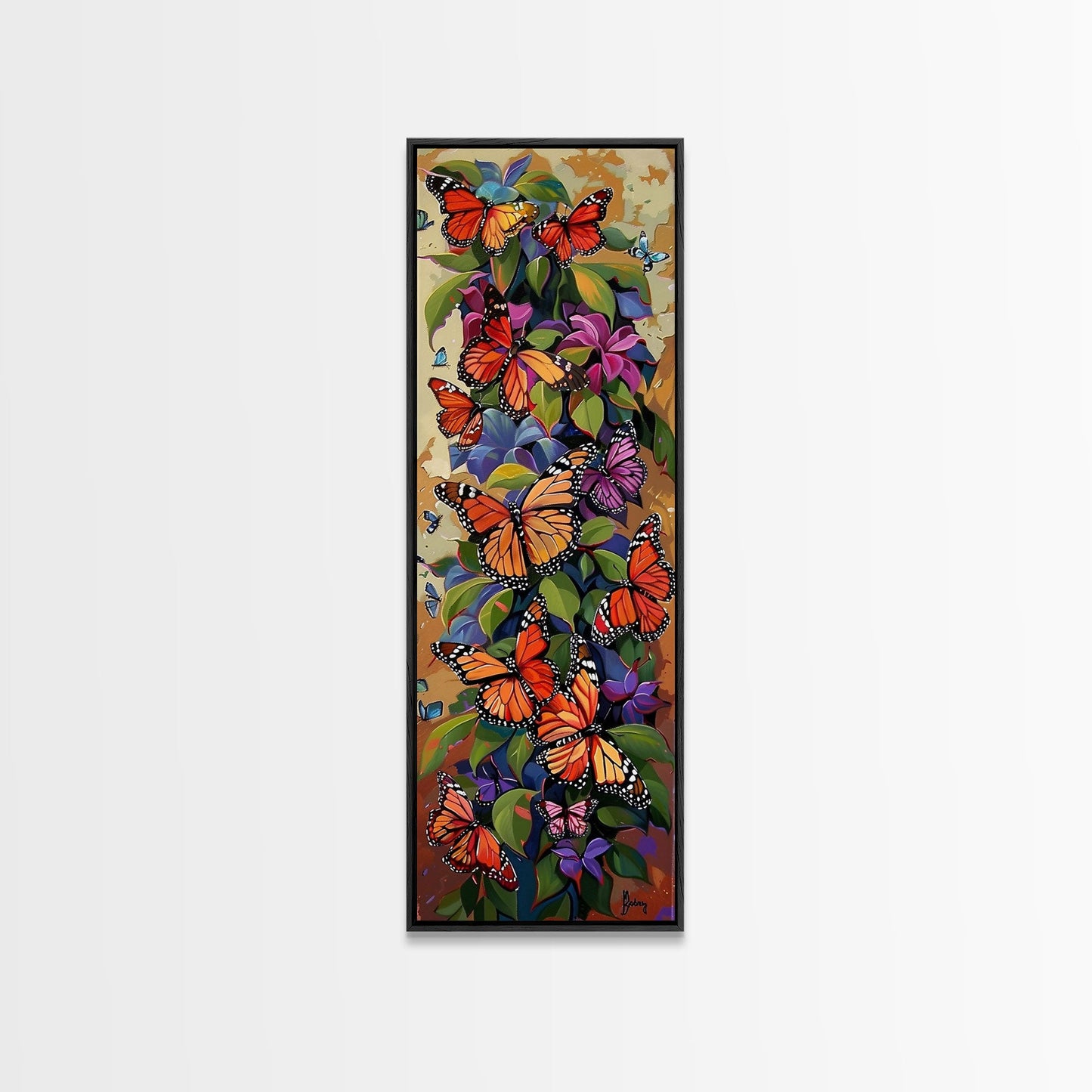 Colorful Butterfly Vertical Framed Canvas Oil Painting, Abstract Botanical Wall Art, Gouache Style Painted Art, Housewarming Gift for Her