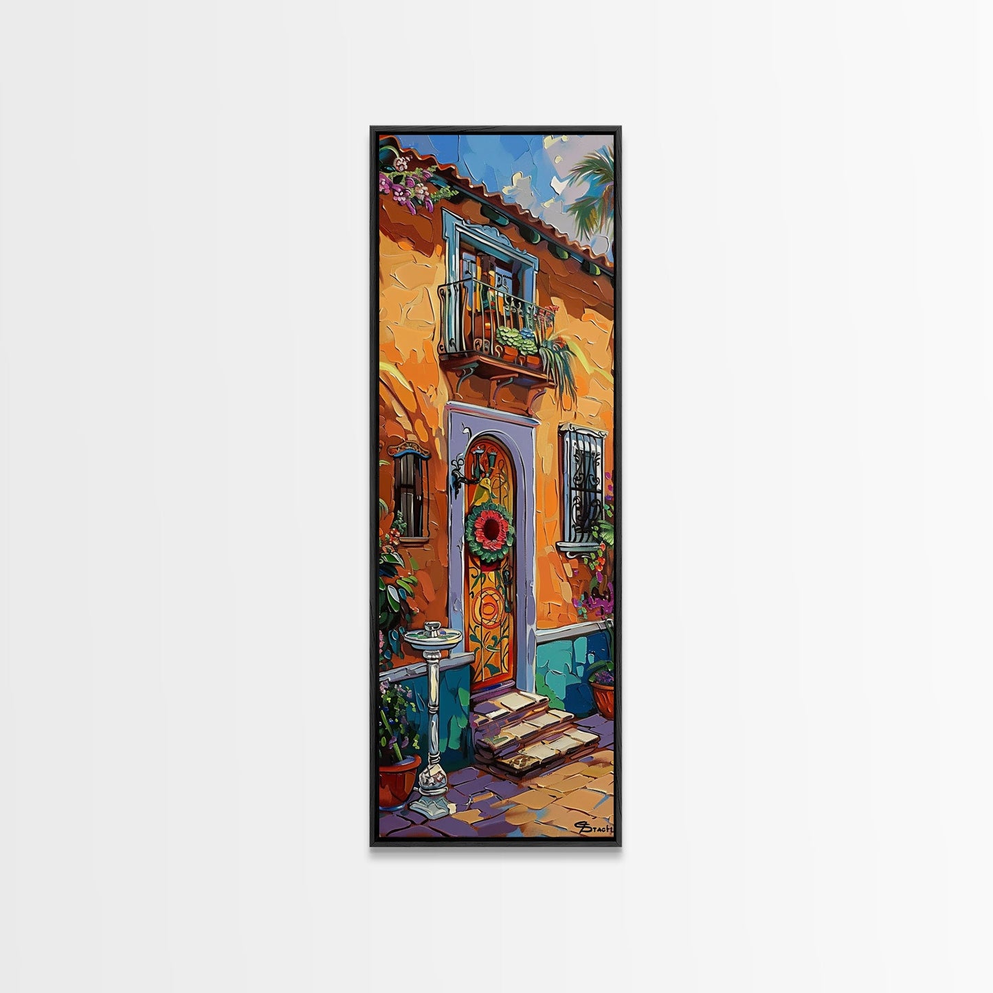 Spanish Inspired Acrylic Painting Framed and Printed on Canvas, Long and Narrow Vertical Art, Colorful Botanical Wall Art for Living Room