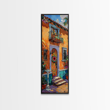 Spanish Inspired Acrylic Painting Framed and Printed on Canvas, Long and Narrow Vertical Art, Colorful Botanical Wall Art for Living Room