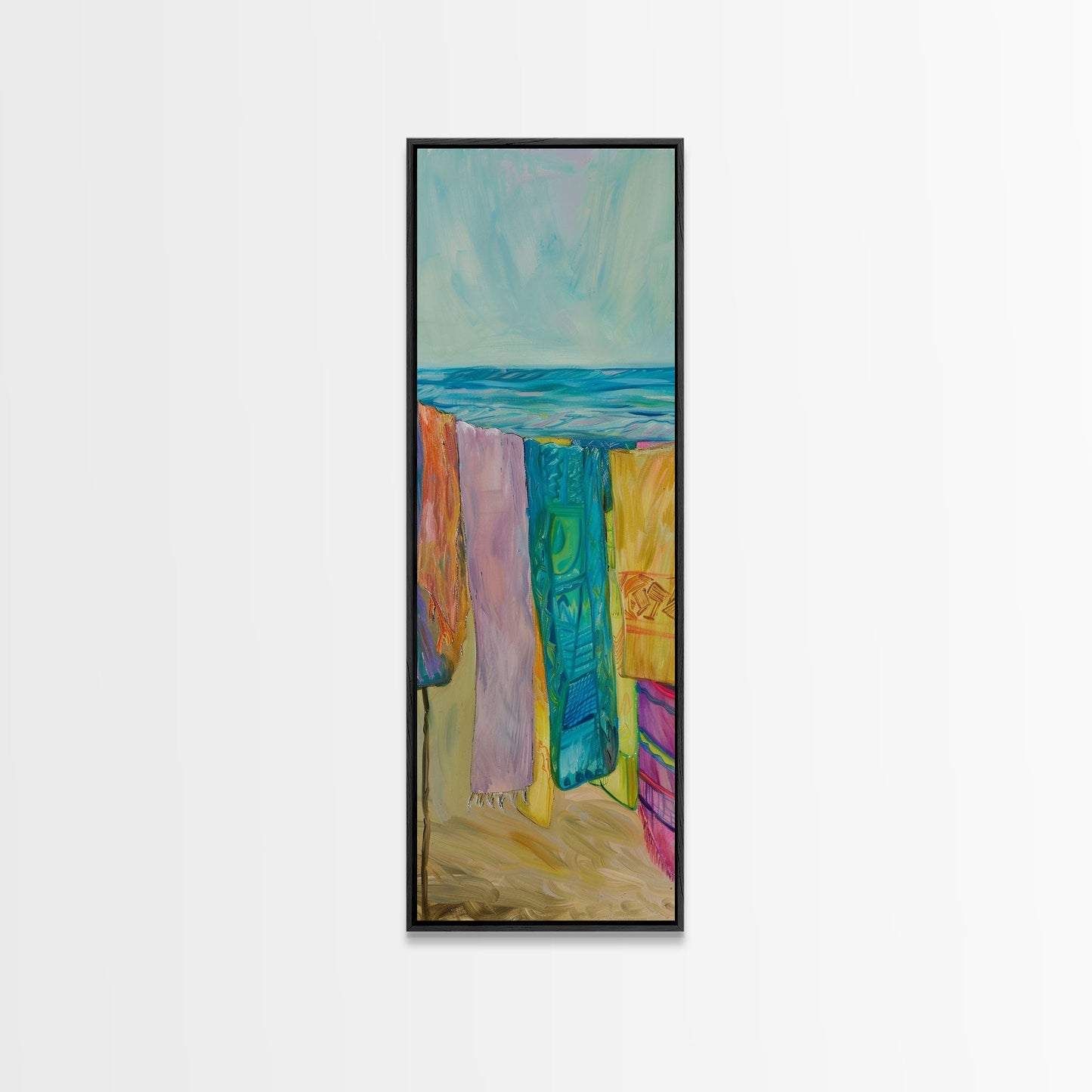 Colorful Laundry on Beach Landscape Art Print, Vertical Oversized Living Room Canvas Print Framed, Framed Wall Art for Laundry Room