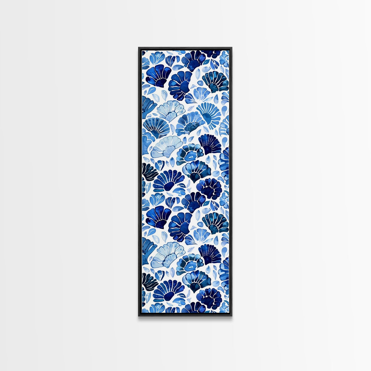 Blue and White Floral Pattern on White Background - Framed Canvas Print, Boho Art, Skinny Art, Tall Art, Midcentury Modern Art, Bedroom Wall Decor