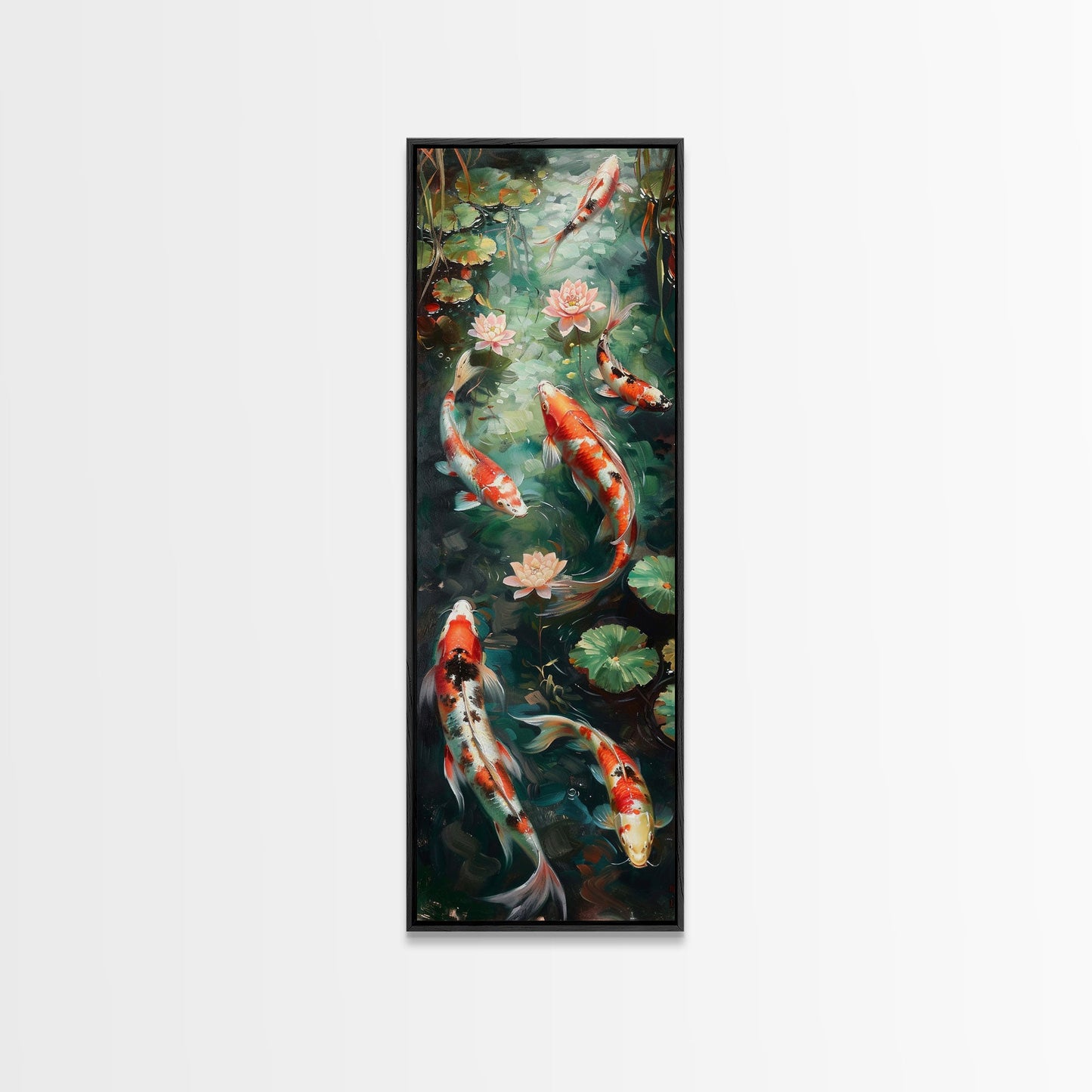 Mystic Forest Pond Koi Fish Boho Farmhouse Wall Art Framed Canvas Print Tall Art Japanese Style Art