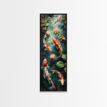 Mystic Forest Pond Koi Fish Boho Farmhouse Wall Art Framed Canvas Print Tall Art Japanese Style Art