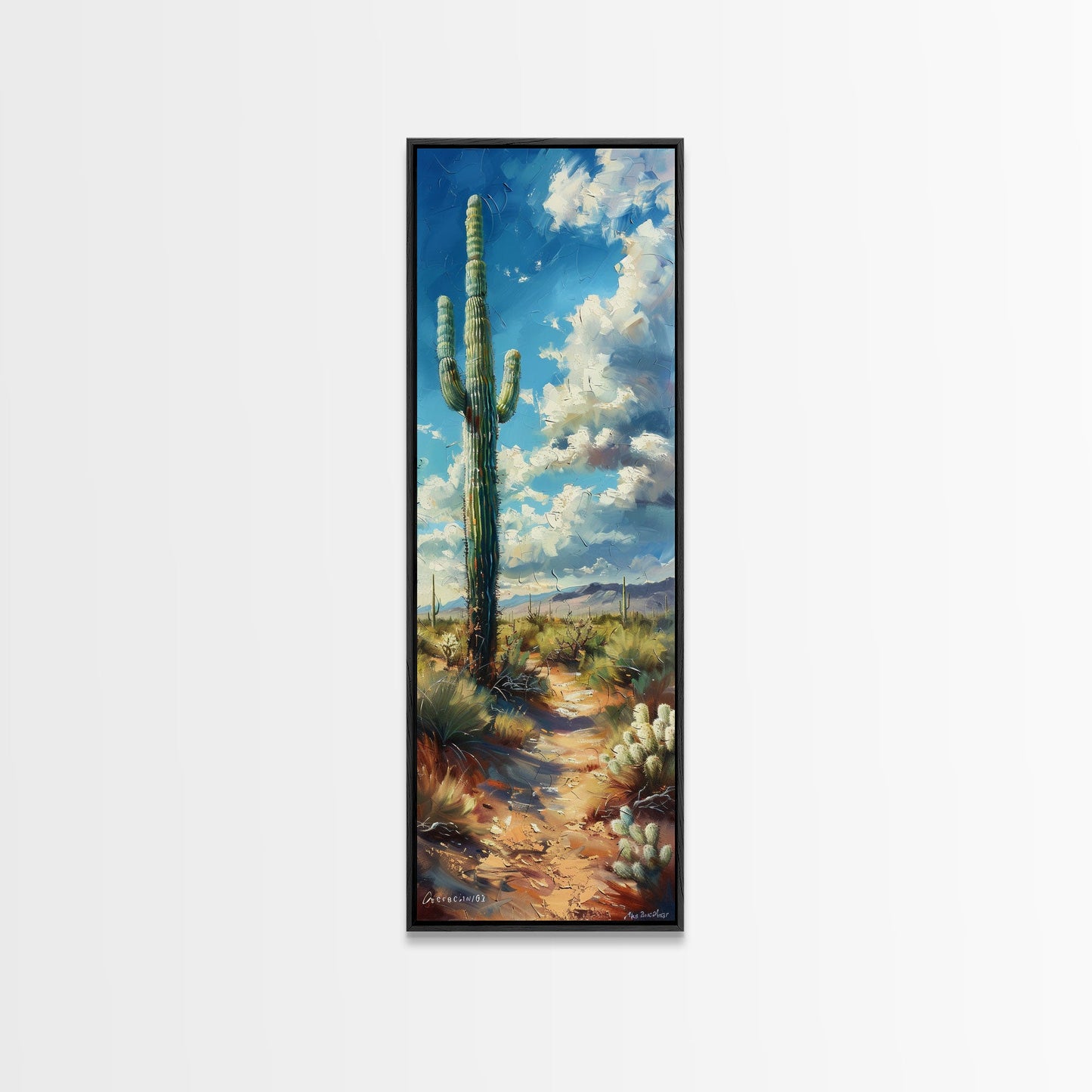 Iconic Saguaro Cactus in a Desert Landscape Under a Bright Blue Sky on a Framed Canvas Print Tall Art Piece