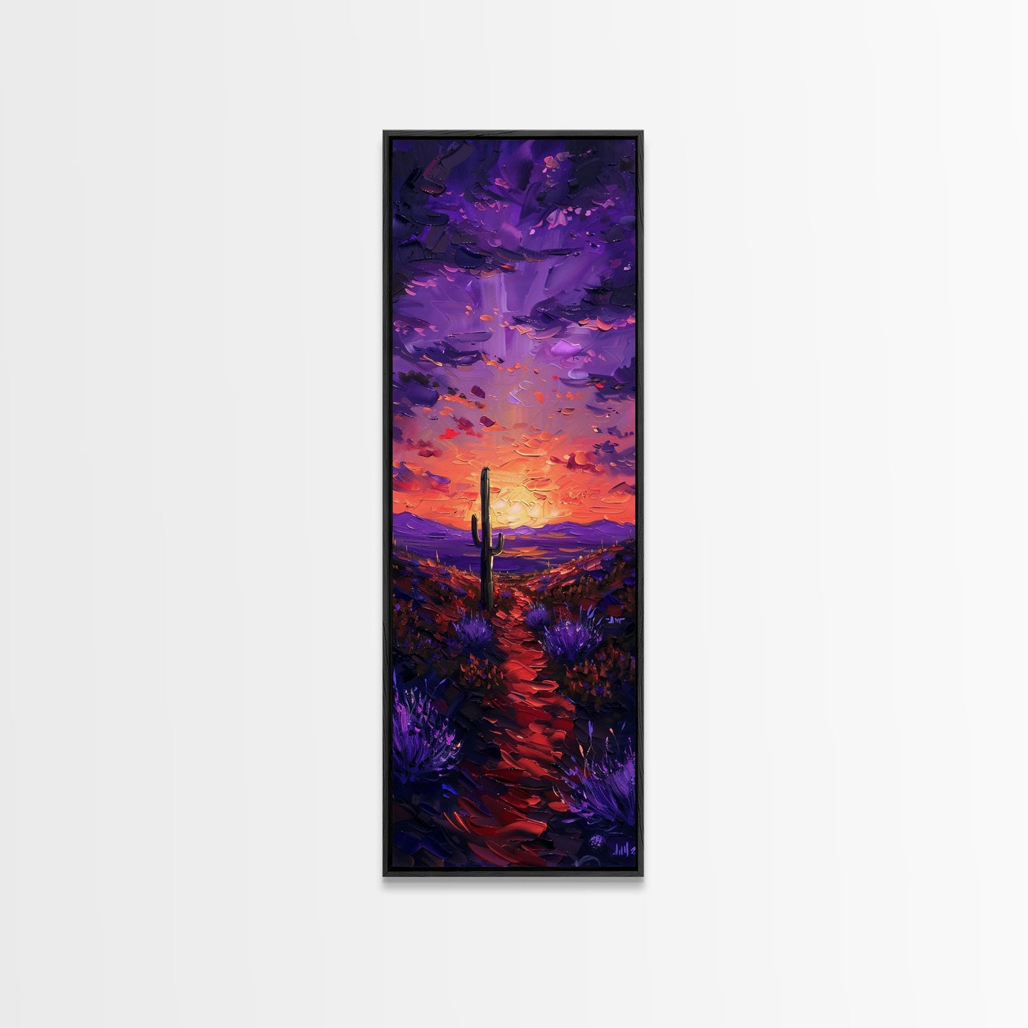 Colorful Sunset Over a Desert Landscape with a Saguaro Cactus and Dramatic Sky on a Framed Canvas Print Skinny Art Piece