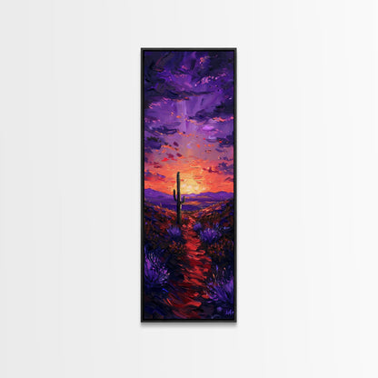 Colorful Sunset Over a Desert Landscape with a Saguaro Cactus and Dramatic Sky on a Framed Canvas Print Skinny Art Piece