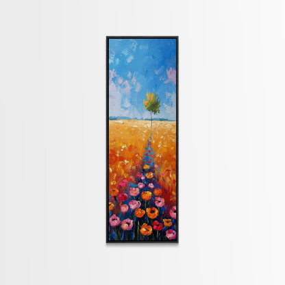 Colorful Wildflowers in a Field with a Lone Tree Under a Bright Blue Sky on a Framed Canvas Print Tall Art Piece