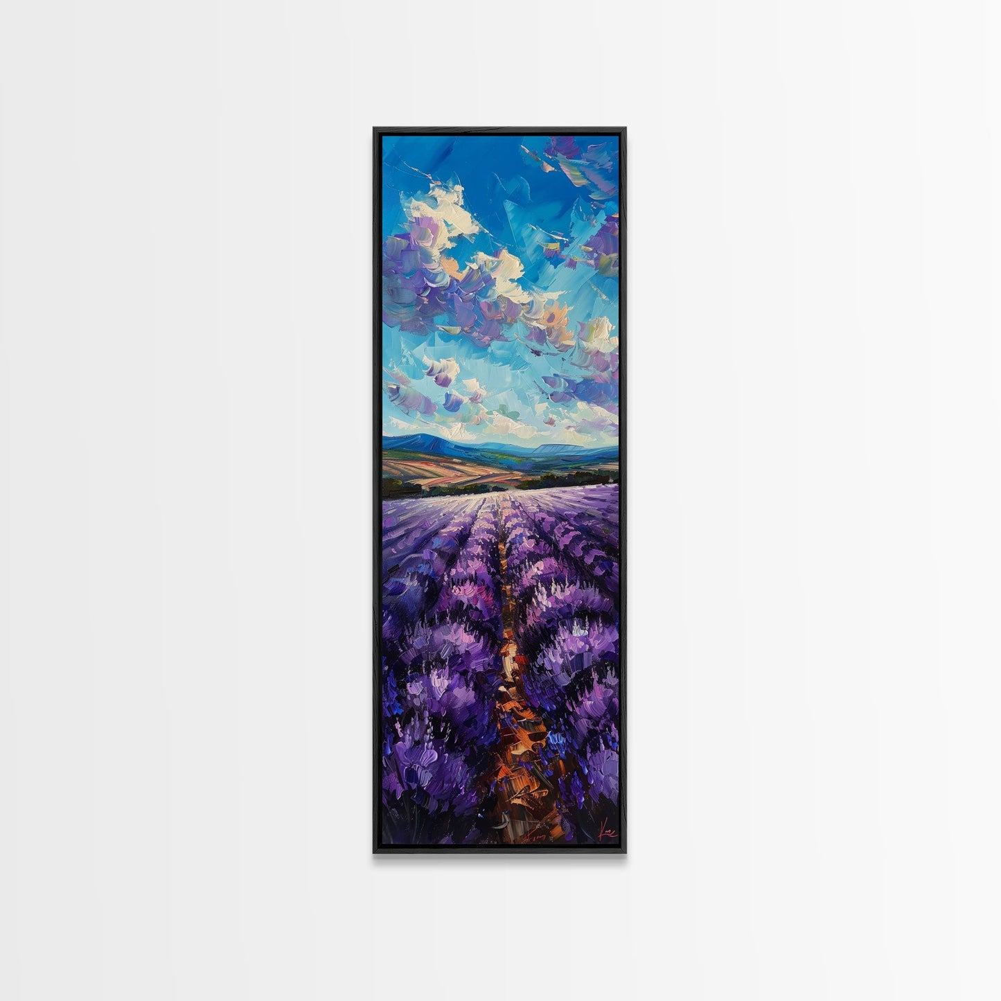 Framed Canvas Print of Wide Lavender Fields Under a Bright Sky Featuring Skinny Tall Art for Stunning Wall Decor in Home or Office