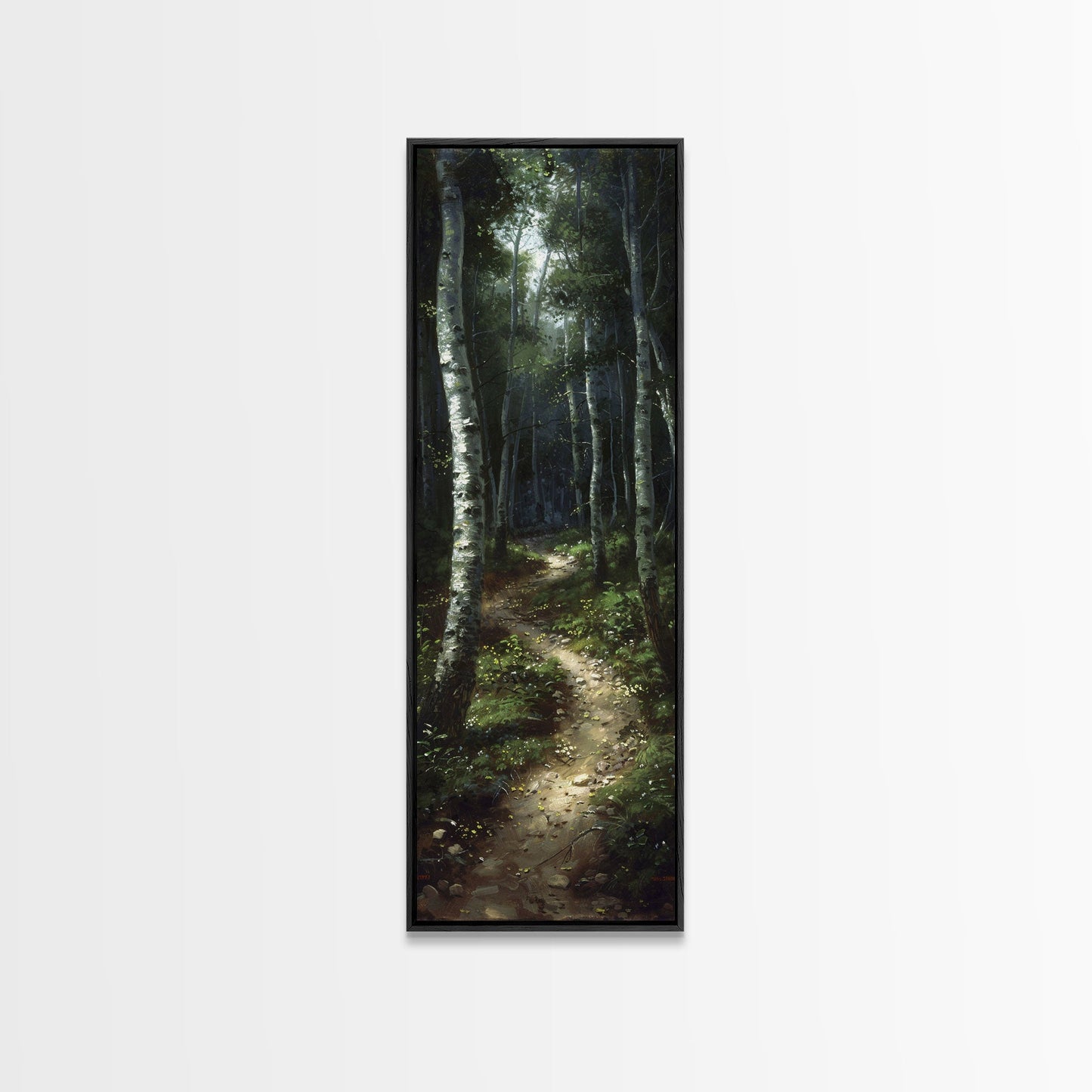 Mysterious Birch Forest Path Tall Skinny Art Framed Canvas Print for Serene and Calming Wall Decor in Homes or Offices