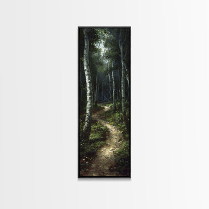 Mysterious Birch Forest Path Tall Skinny Art Framed Canvas Print for Serene and Calming Wall Decor in Homes or Offices