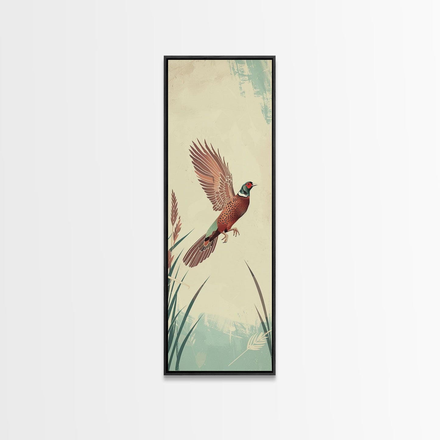 Japanese Skinny Art of Pheasant in Flight with Graceful Wings and Earthy Tones – Framed Canvas Print