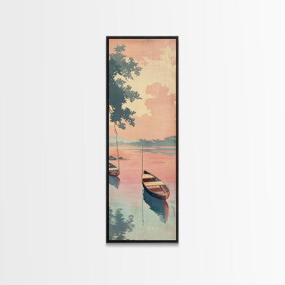 Serene Boat on Water, Autumn Trees, Japanese Art, Skinny Art, Tall Art, Framed Canvas Print, Ukiyo-e Style