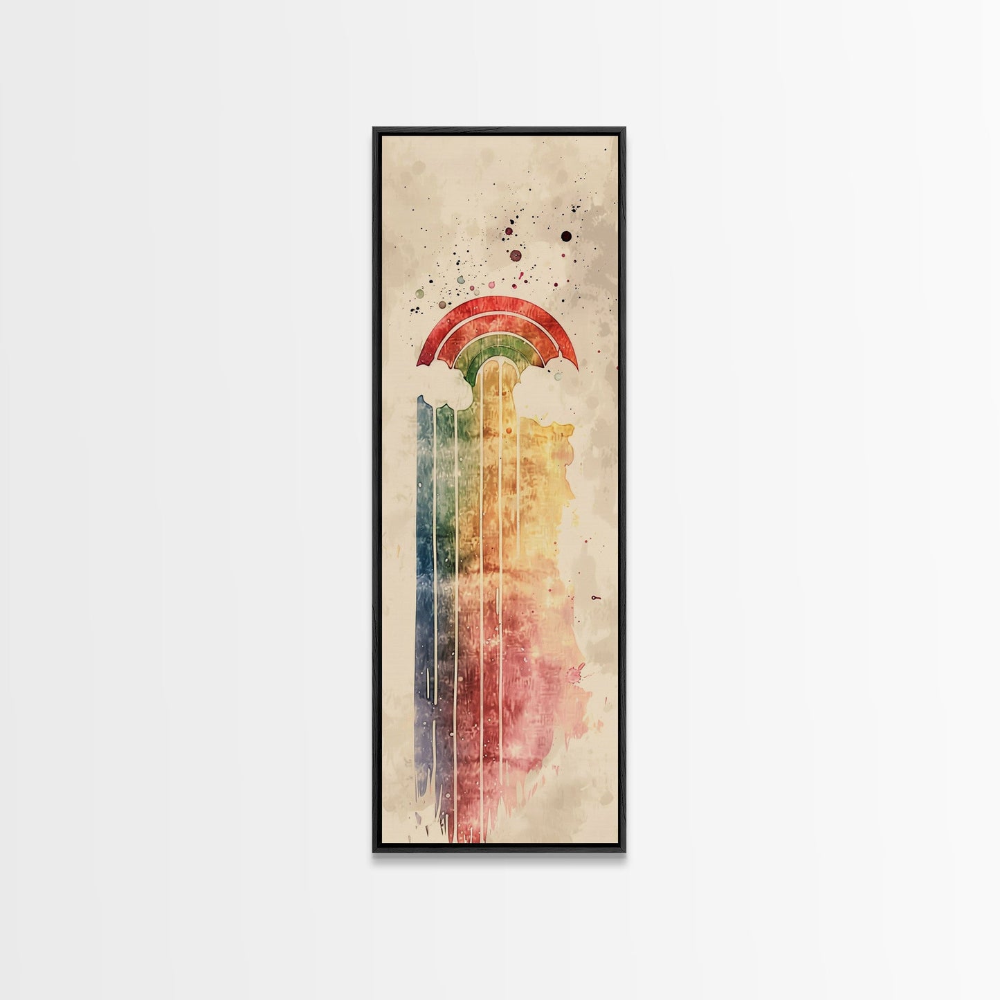 Vintage-Inspired Rainbow Waterfall Ukiyo-e Art Skinny Framed Canvas Print in Neutral Tones