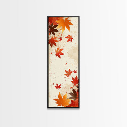 Skinny Art Autumn Leaves In Japanese Style Wood Block Print Warm Red And Orange Tones On Framed Canvas Print, Tall Art Ukiyo-e