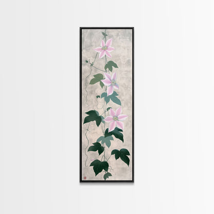 Skinny Art Clematis Vine In Japanese Style Wood Block Print Soft Pink Flowers On Framed Canvas Print, Tall Art Ukiyo-e