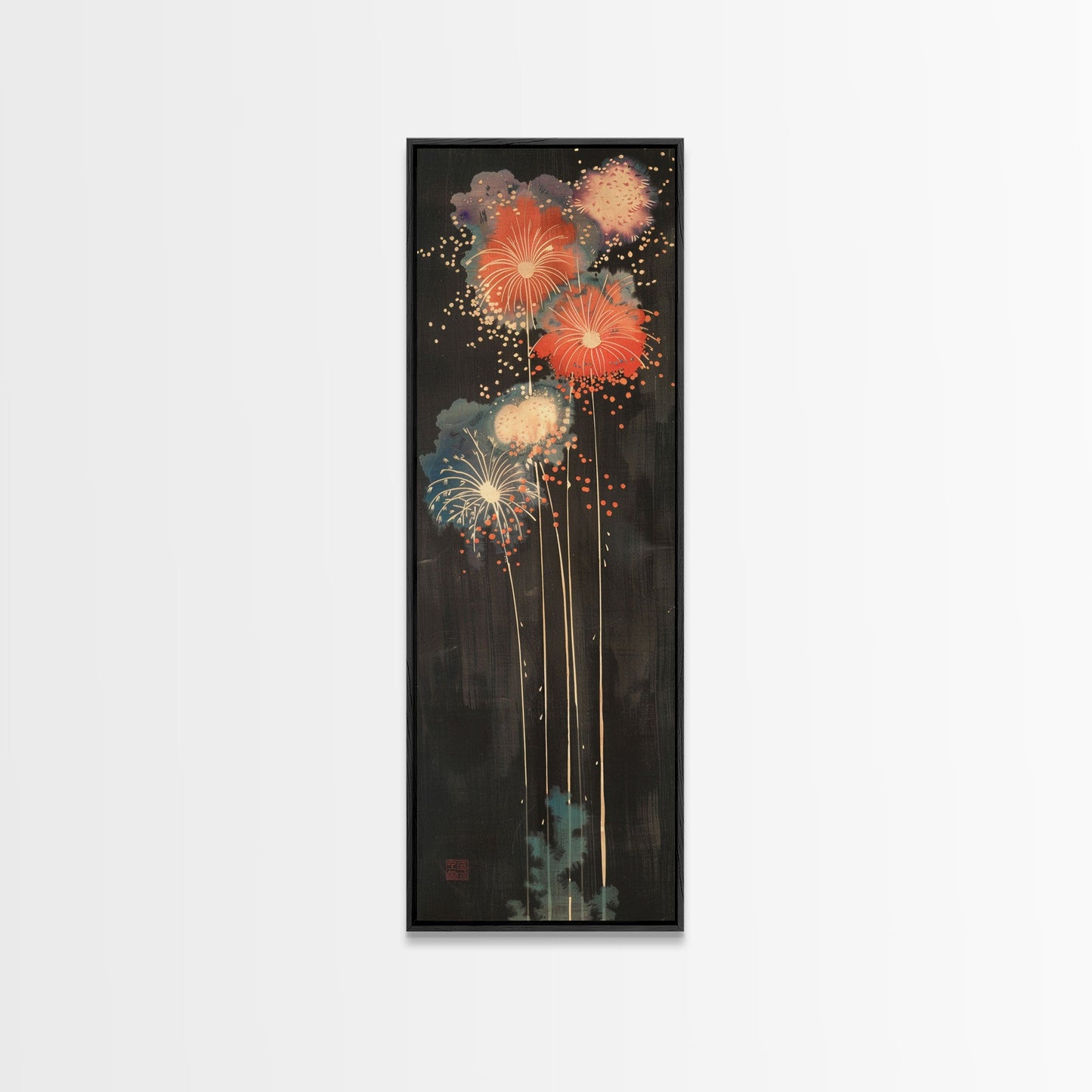 Colorful Fireworks Display Against A Dark Night Sky, Skinny Art Tall Wall Art Framed Canvas Print Japanese Style Art
