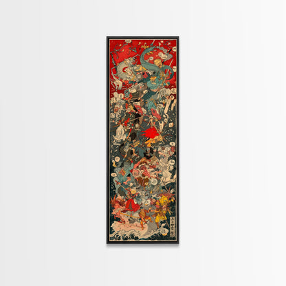Complex Samurai Battle Scene With Mythical Creatures Framed Canvas Print Ukiyo-e Wall Art Wood Block Print Tall Art Japanese Style Skinny Art