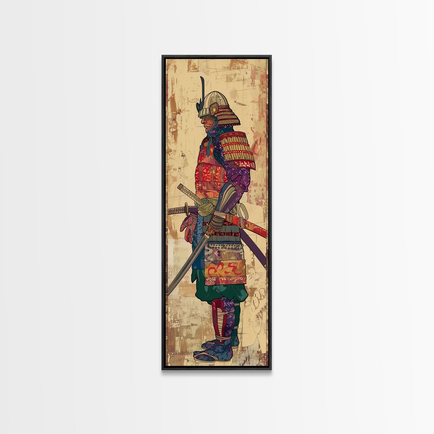 Samurai Warrior Traditional Japanese Armor Cultural Art On Framed Canvas Print Ukiyo-e Art Style Tall Skinny Wood Block Wall Decor