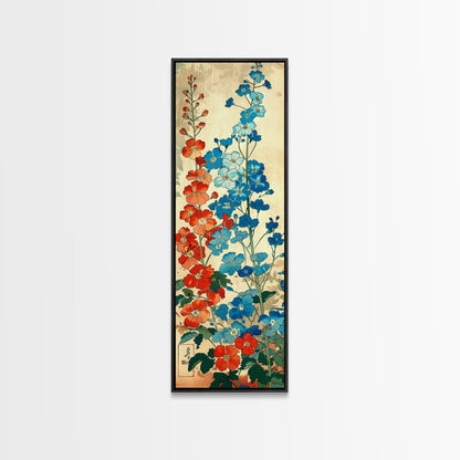 Delphinium Flowers Japanese Garden Art In Traditional Ukiyo-e Style Framed Canvas Print Tall Skinny Wood Block Floral Wall Decor