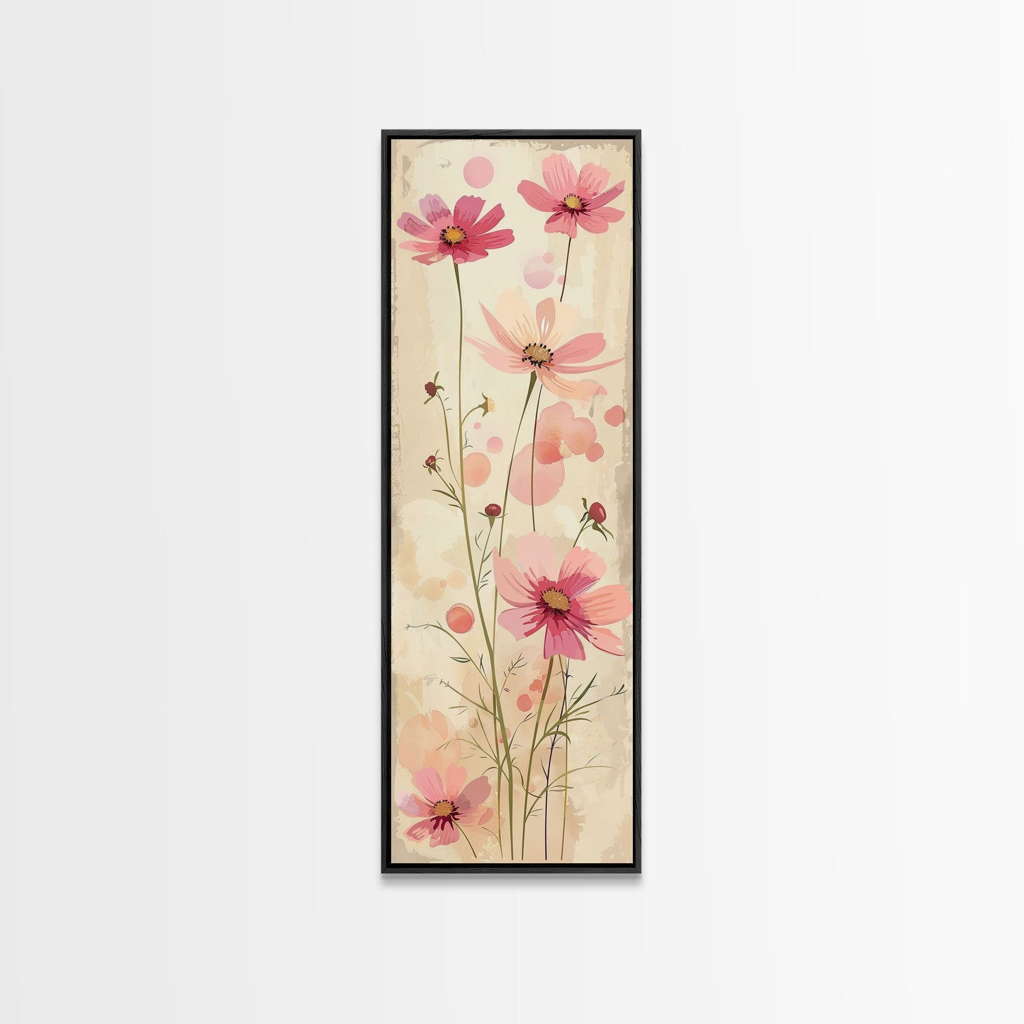Delicate Pink Flowers with Tall Stems on a Subtle Beige Background Ukiyo-e Art Japanese Framed Canvas Print Skinny Tall Art