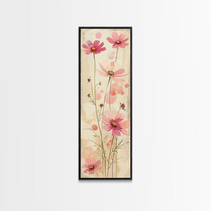 Delicate Pink Flowers with Tall Stems on a Subtle Beige Background Ukiyo-e Art Japanese Framed Canvas Print Skinny Tall Art
