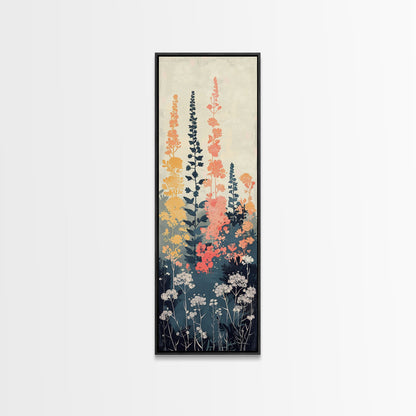 Framed Canvas Print Of Elegant Wildflowers Set Against A Soft Background, Skinny Art, Tall Art, Japanese Style Art, Ukiyo-e Art, Wood Block Print