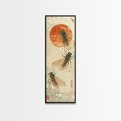 Detailed Depiction Of Cicadas Against Warm Sunset Background Ukiyo-e Skinny Tall Wood Block Framed Canvas Print Japanese Style Art