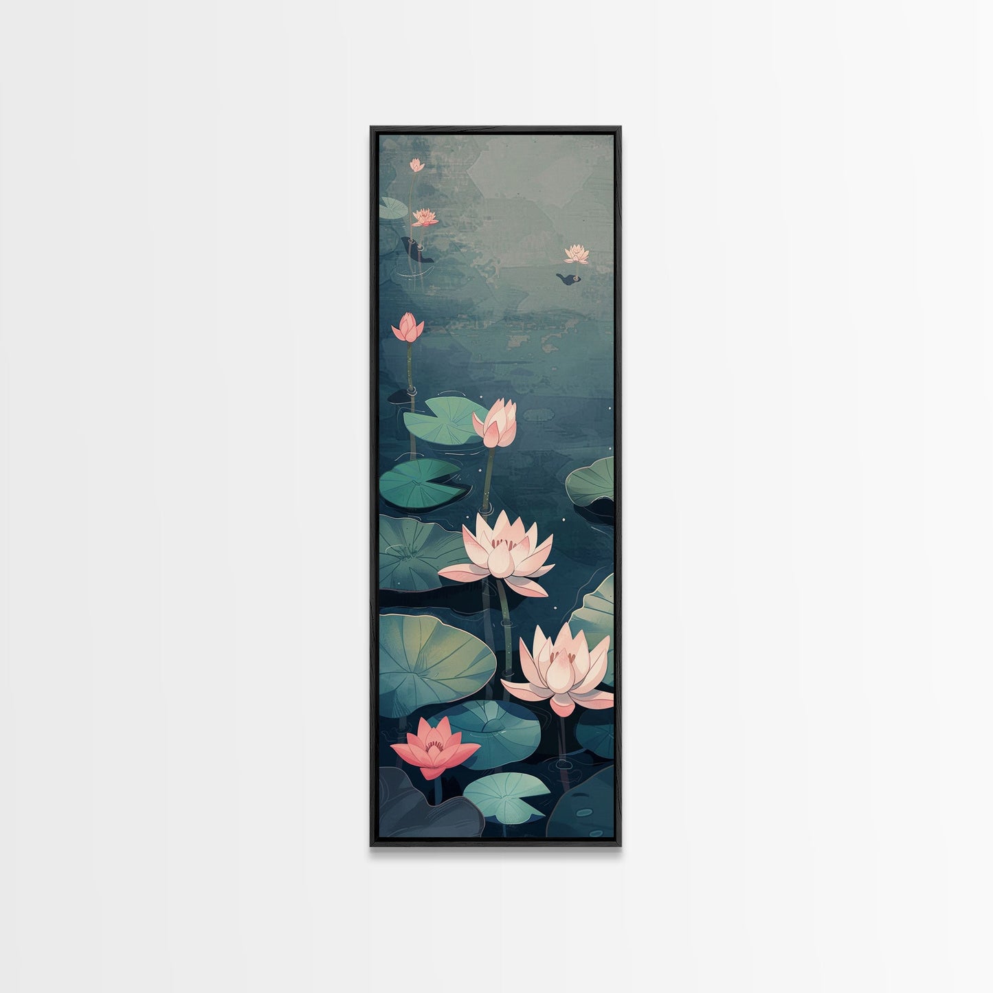 Calm Water Lilies Floating On Still Pond With Subtle Ripples Ukiyo-e Skinny Tall Wood Block Framed Canvas Print Japanese Style Art