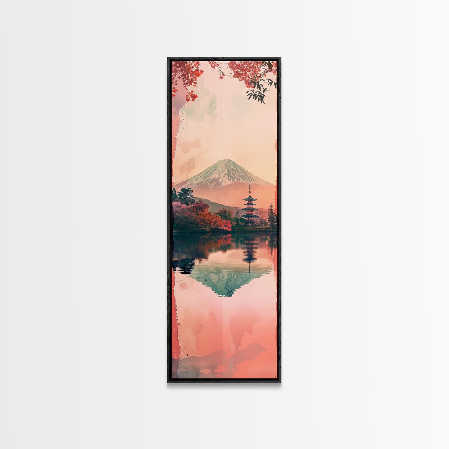 Skinny Art Tall Art Framed Canvas Print Japanese Style Art Mount Fuji Lake Reflection Red Maple Wood Block Print Ukiyo-e Feng Shui Wall Art