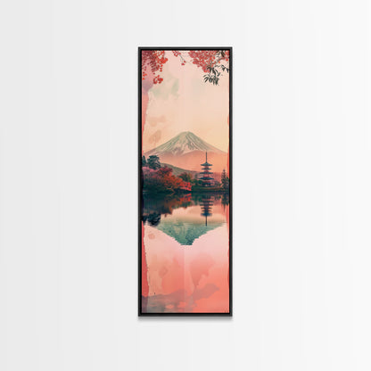 Skinny Art Tall Art Framed Canvas Print Japanese Style Art Mount Fuji Lake Reflection Red Maple Wood Block Print Ukiyo-e Feng Shui Wall Art