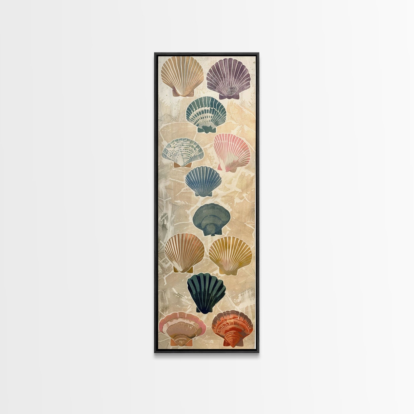 Colorful Shells On Textured Background Skinny Art Wood Block Print Japanese Style Art Framed Canvas Print Tall Art Ukiyo-e Art